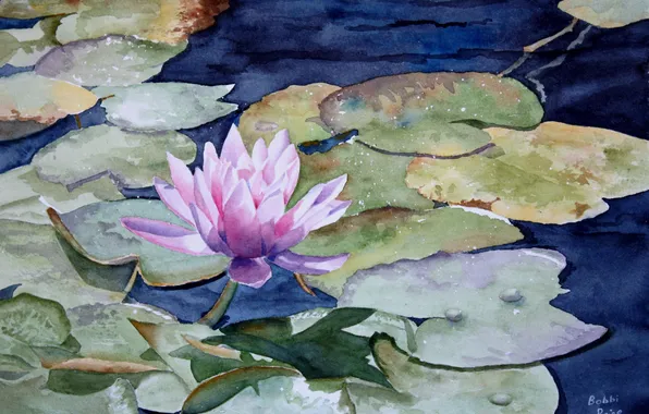 Leaves, lake, Lotus, watercolor