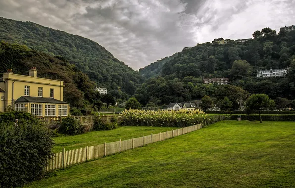 Picture forest, trees, mountains, the fence, England, home, areas, Lynmouth