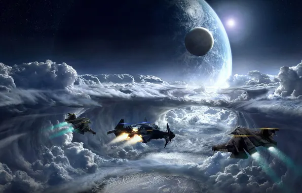 Picture clouds, flight, planet, satellite, ships, Star Citizen