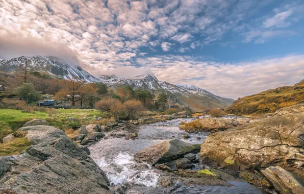 Clouds, landscape, mountains, river, stones, valley, Wales, Ogwen