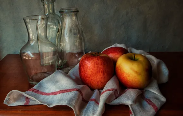 Glass, table, apples, towel, bottle, still life, decanter