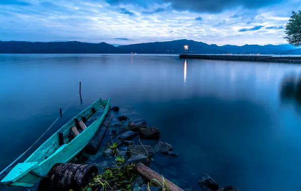 Lake, stones, coast, boat, the evening, pier, log, barrel