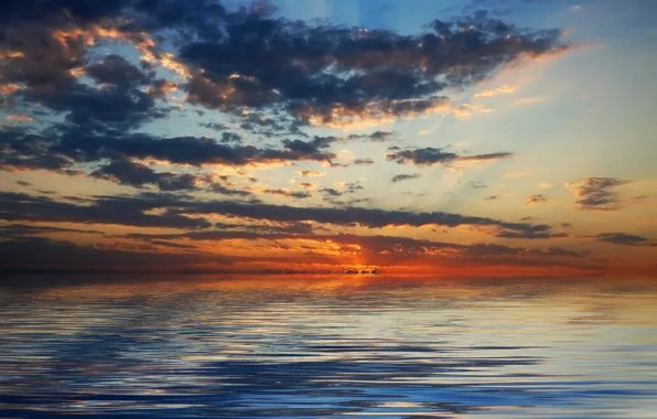 Picture the sky, the ocean, horizon, cloud.sunrise