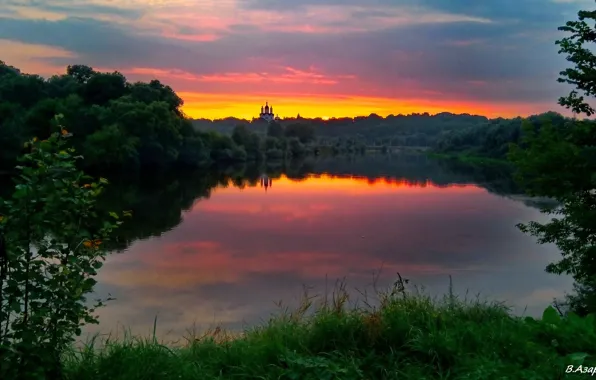 Water, sunset, nature, view, Landscape, Bryansk, Desna River, Svensky Monastery
