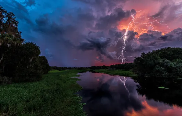 Picture the storm, summer, the sky, reflection, clouds, nature, river, lightning