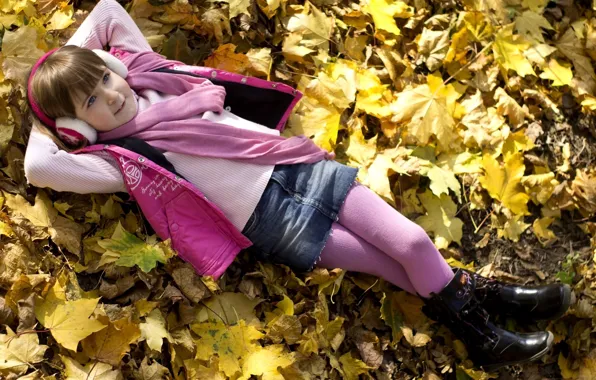 Picture autumn, leaves, nature, stay, child, headphones, scarf, girl
