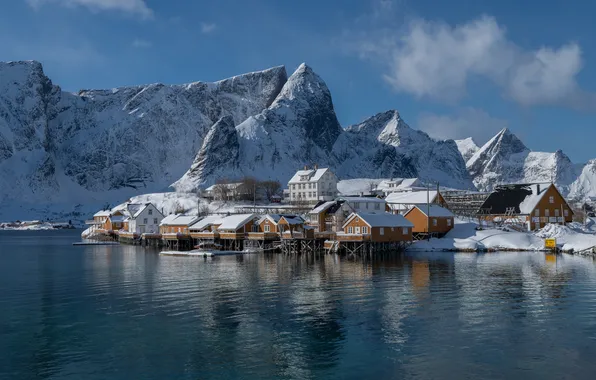 Picture winter, mountains, village, Norway, Norway, the fjord, Rhine, The Lofoten Islands