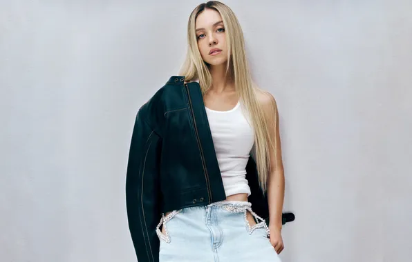 Picture Jeans, Jacket, Portrait, Photoshoot, Vest, American actress, Sydney Sweeney, Blonde Girl