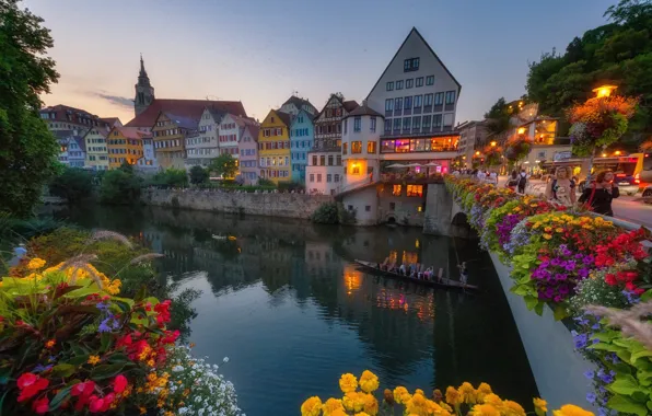 Flowers, bridge, the city, river, boat, building, home, the evening