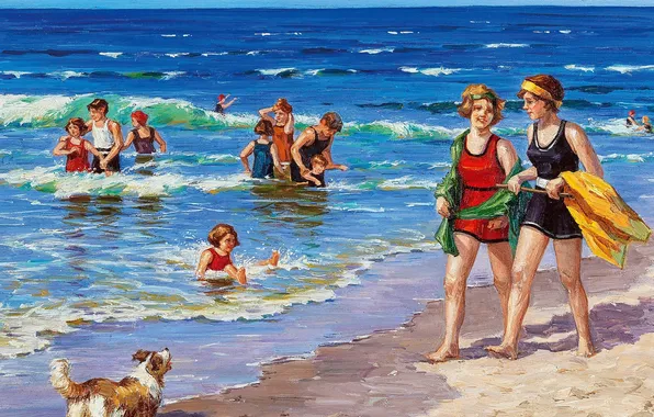 Sea, Beach, Dog, People, Picture, Hungarian artist, A. de Fleury, A. de Fleury