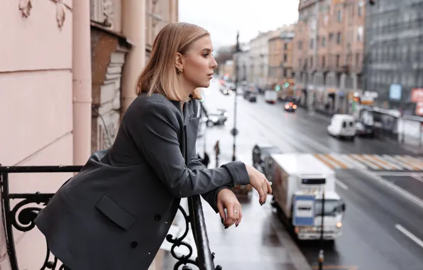 Picture girl, street, blonde, profile, balcony, jacket, Anatoly Kirpichnikov