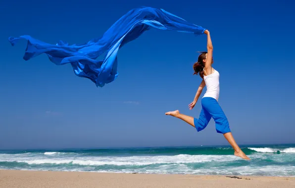Sand, sea, beach, the sky, girl, jump, surf, fabric