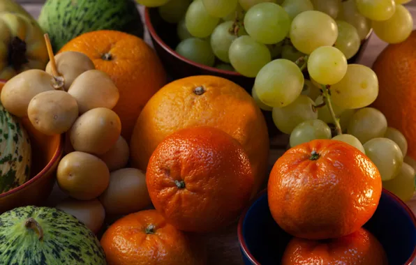 Table, oranges, grapes, fruit, a lot, different, fresh, tangerines