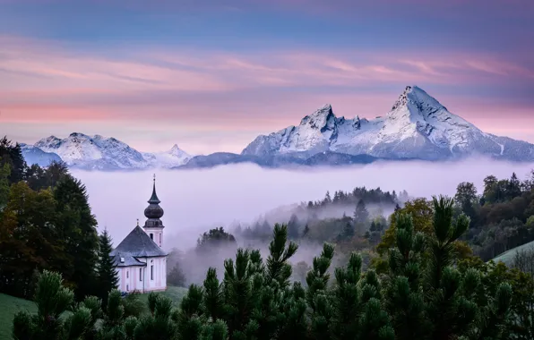 Landscape, mountains, nature, fog, morning, Germany, Bayern, Alps