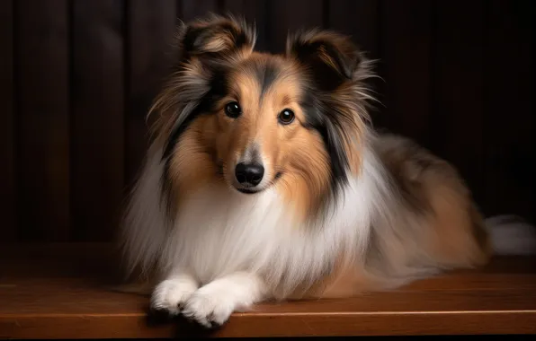 Look, the dark background, portrait, dog, lies, face, collie, sheltie