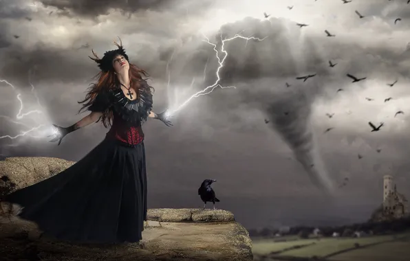 The storm, the sky, girl, birds, clouds, storm, pose, stones