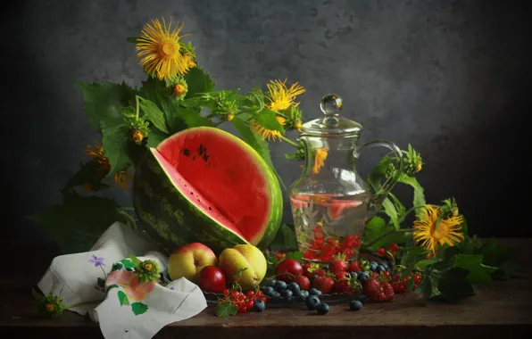 Greens, glass, leaves, flowers, berries, table, towel, bouquet