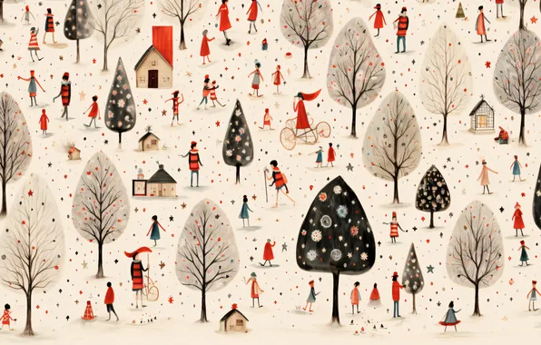 Winter, snow, trees, people, Christmas, New year, houses, town