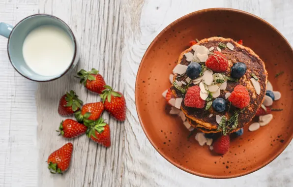 Berries, raspberry, Board, milk, blueberries, strawberry, mug, bowl