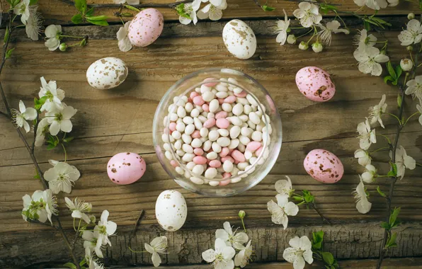 Flowers, branches, holiday, Board, eggs, spring, candy, Easter