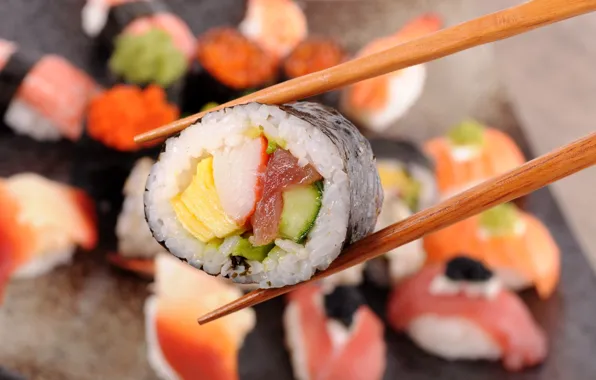 Crab, fish, sticks, cucumber, figure, sushi, tuna, nori