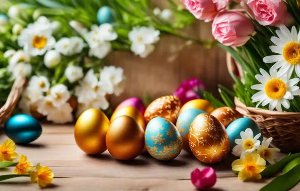 Flowers, eggs, spring, colorful, Easter, happy, flowers, spring