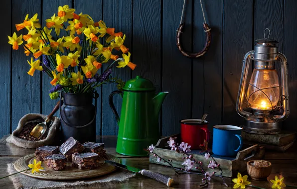 Flowers, style, lamp, coffee, pie, knife, mugs, still life