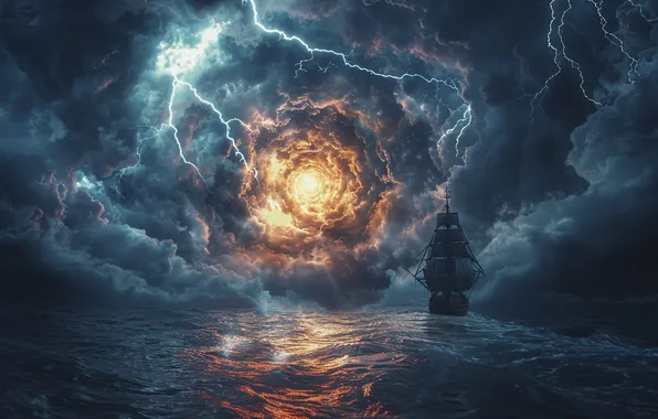 Picture Sea, Wave, Lightning, Ship, Storm, The portal, Digital art, Sailing