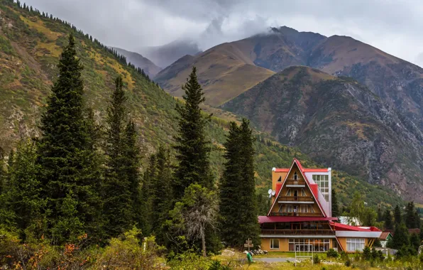 Forest, clouds, trees, mountains, rocks, home, the hotel, Kyrgyzstan