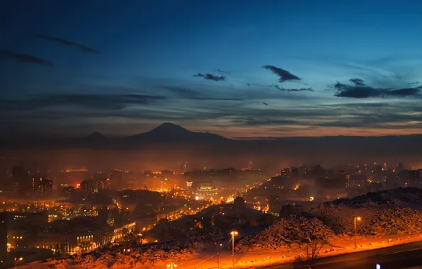 The sky, clouds, mountains, night, lights, Armenia, Armenia, Yerevan