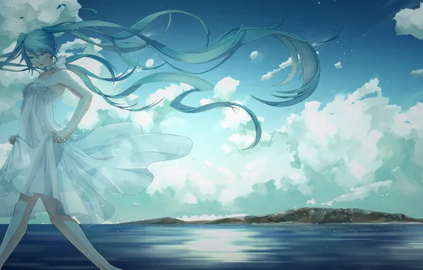 Sea, the sky, water, girl, clouds, lighthouse, art, vocaloid