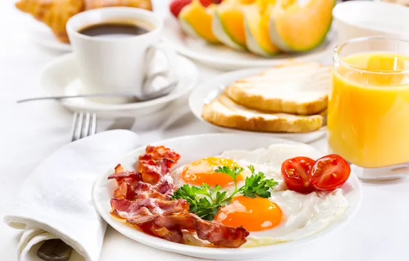 Coffee, Breakfast, juice, fruit, croissants, breakfast, serving, bacon and eggs