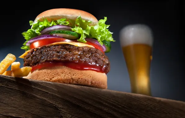 Picture beer, french fries, Beef cheese burger