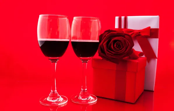 Picture flowers, red, background, box, gift, wine, glass, roses