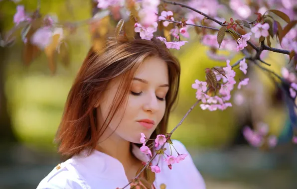 Picture nature, flowers, model, women, face, brunette, closed eyes, women outdoors