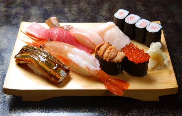 Fish, shrimp, Board, figure, sushi, rolls, seafood, red caviar