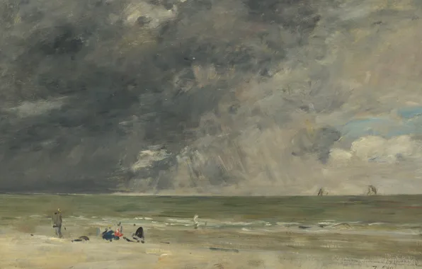 Sea, landscape, clouds, picture, The beach at Trouville, Eugene Boudin, Eugene Boudin