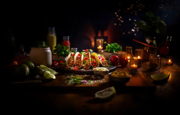 The dark background, food, candles, dishes, still life, appetizer, AI art, neural network