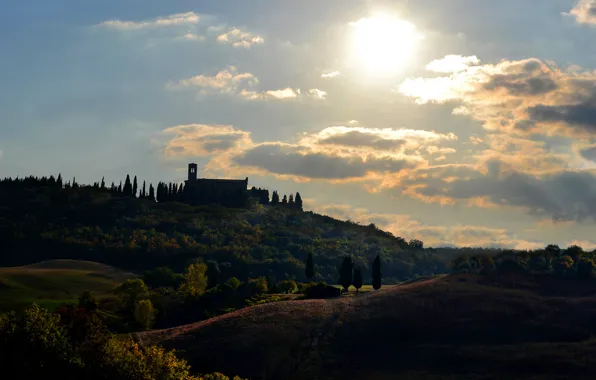 Picture the sun, clouds, trees, house, Italy, Tuscany
