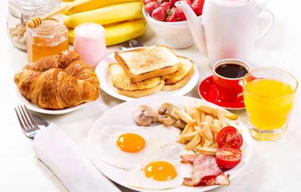 Picture Glass, Coffee, Plate, Bananas, Cup, Food, Breakfast, Juice