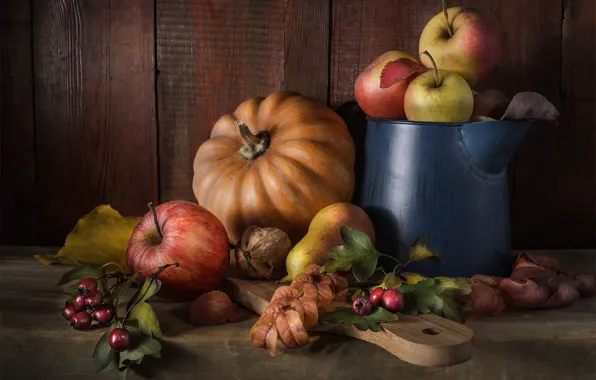 Autumn, leaves, berries, table, apples, Board, fruit, pumpkin