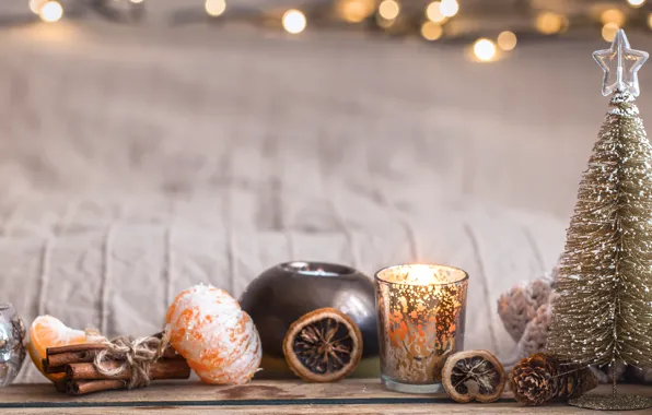 Lights, glass, background, candle, Christmas, New year, cinnamon, herringbone