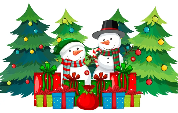 Balls, graphics, Christmas, pair, gifts, white background, New year, snowmen