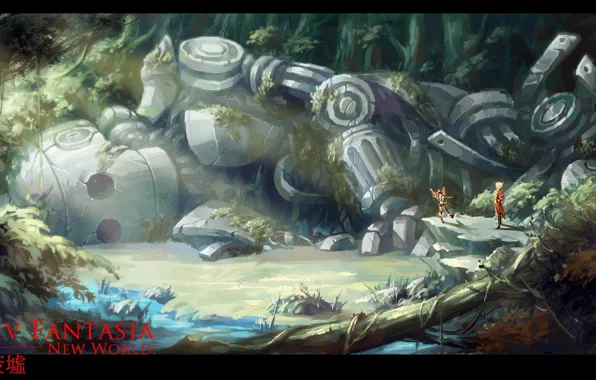 Picture forest, stream, people, thickets, robot, ruins, Pixiv fantasia