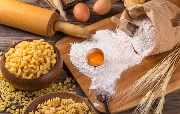 Eggs, ears, horns, flour, pasta, rolling pin