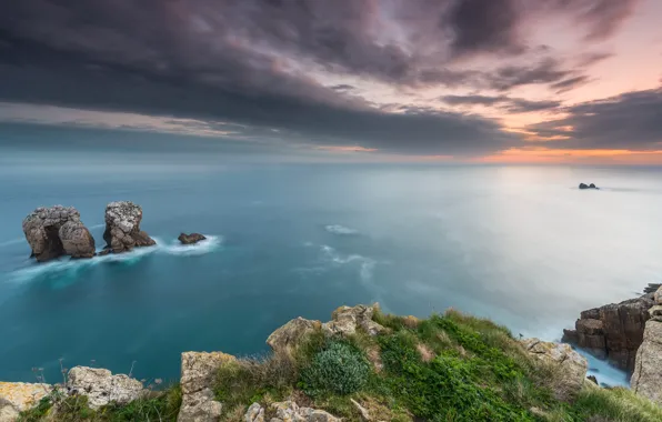Beach, sky, sea, sunset, seascape, rocks, shore, nature landscape
