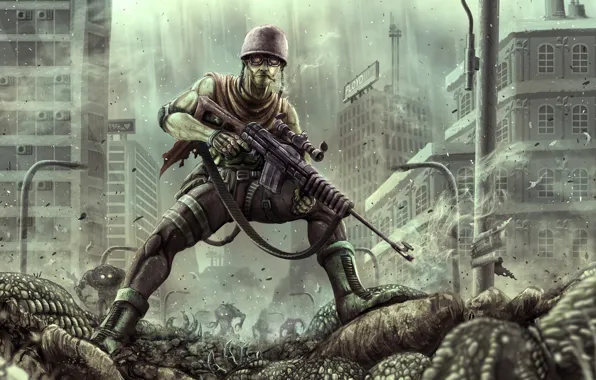 Picture the city, monsters, cigar, devastation, Soldiers, rifle, corpses, helmet