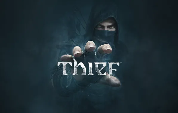 Look, fog, hand, logo, hood, arrows, thief, Eidos Interactive