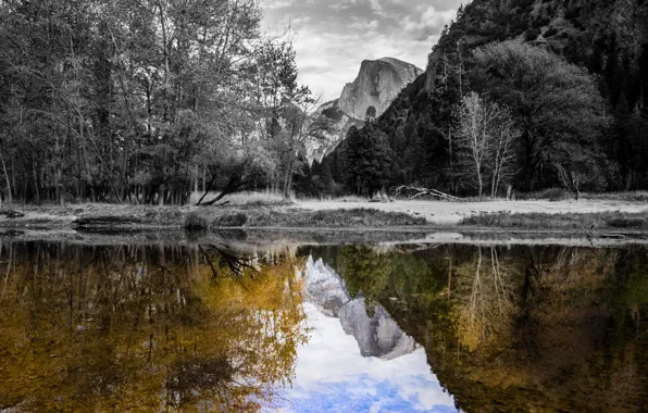 The sky, trees, sunset, mountains, reflection, river, rocks, USA