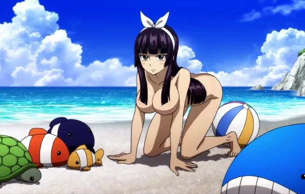 Girl, sexy, beach, long hair, sea, boobs, anime, beautiful